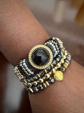 Gold & Black Beaded Statement 4-PC Bracelet Set